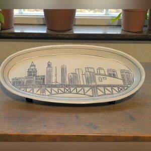 Nicole Aquillano Studio Pottery Large Oval Dish Cityscape Bridge Buildings 13.5”